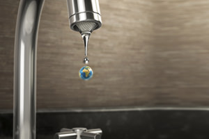 An illustration of Earth coming out of a kitchen faucet like a drop of water